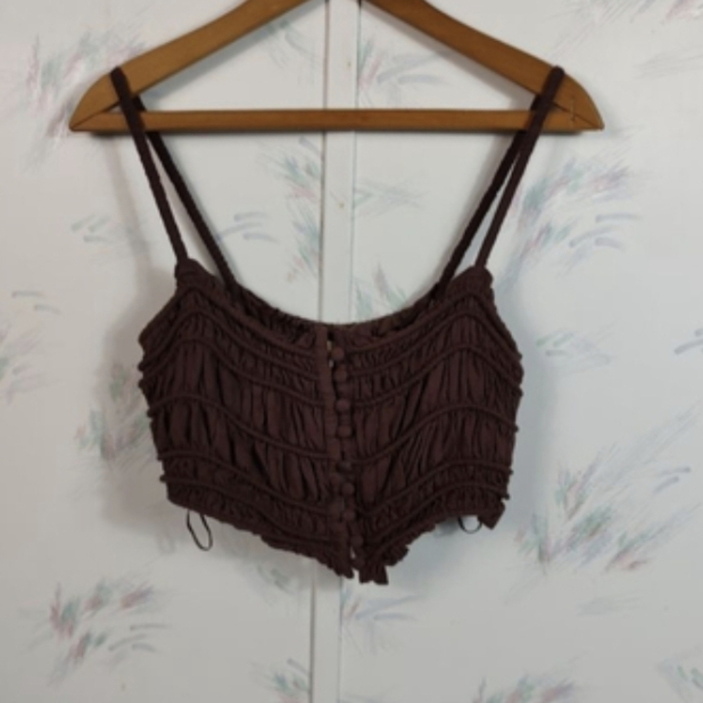 Urban Outfitters Brown Cropped Tank Top Women's Medium Pleated Button Front